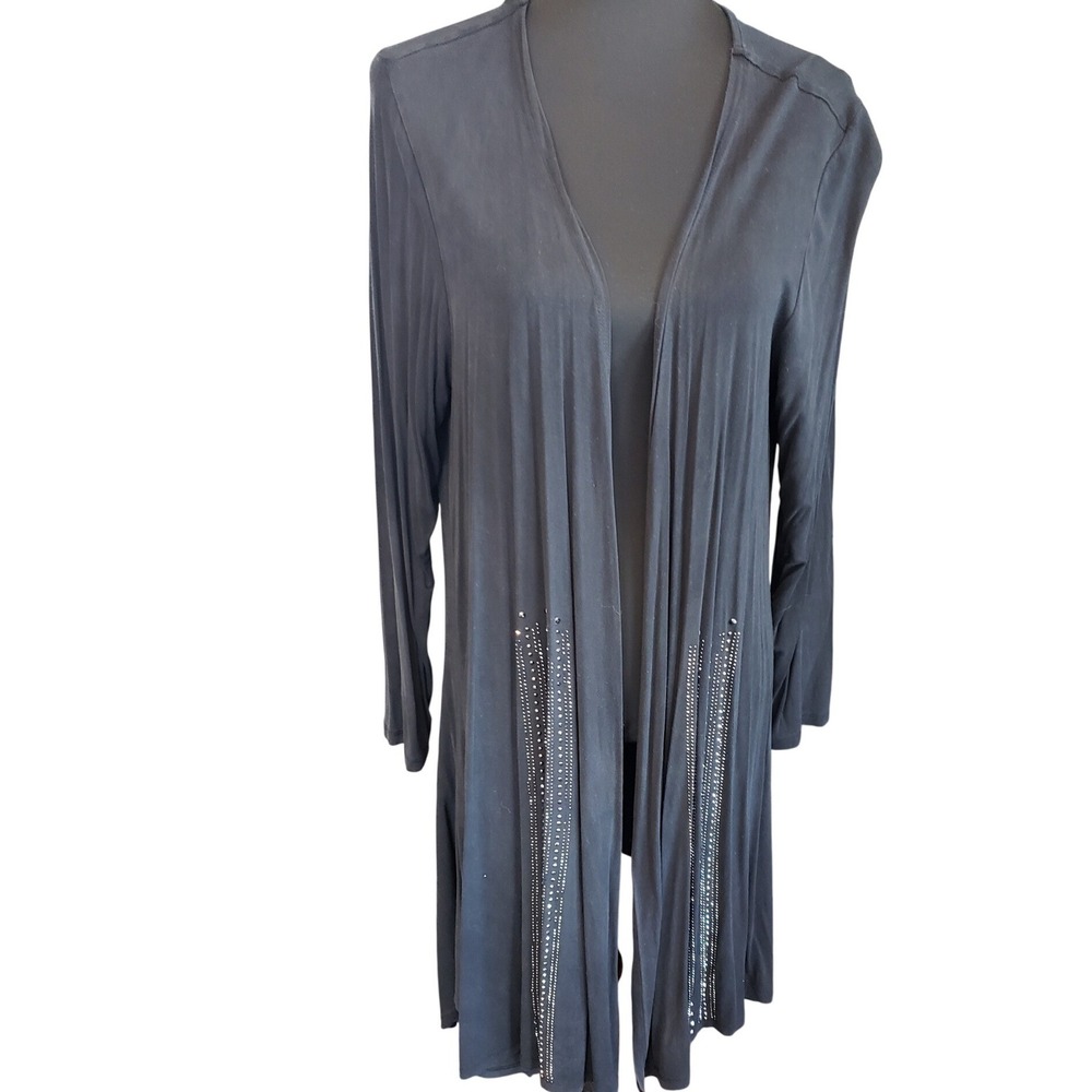 Simply Noelle Black Embellished Open Front Long Cardigan L/XL Rhinestone Studs